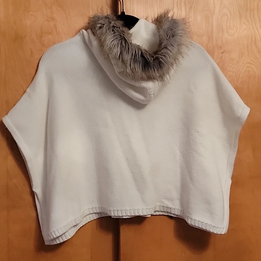Gap Kids Ivory Sweater Poncho Fur Trimmed Hoodie